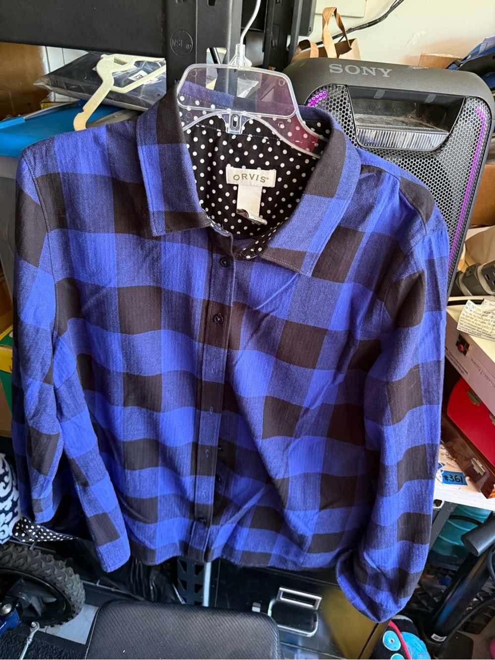 Orvis Purple and Black Plaid Shirt with Polka Dot Lining